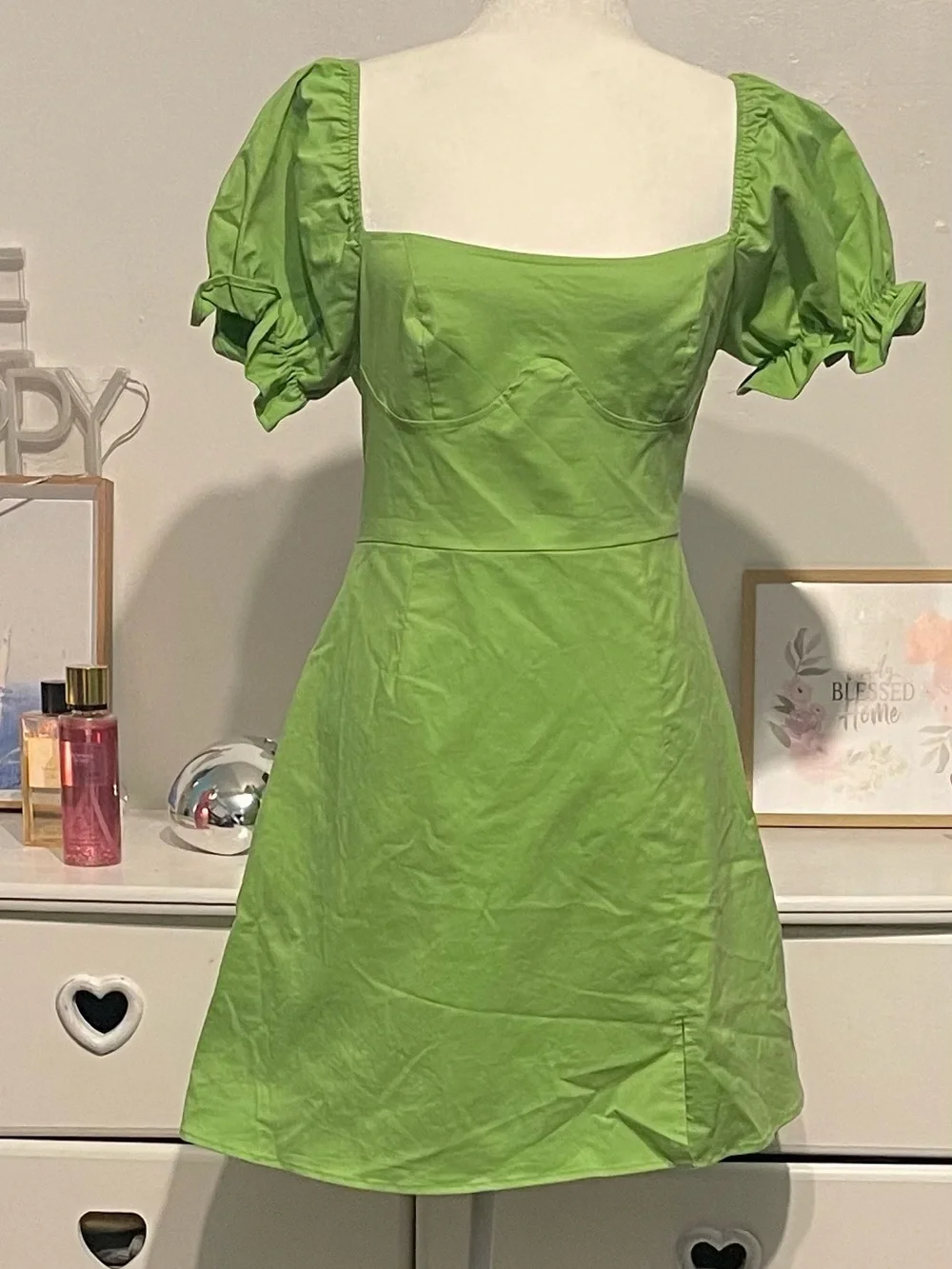 Fashion Nova Lime Green Puff Sleeve Square Neck Mini Dress size XL NWT